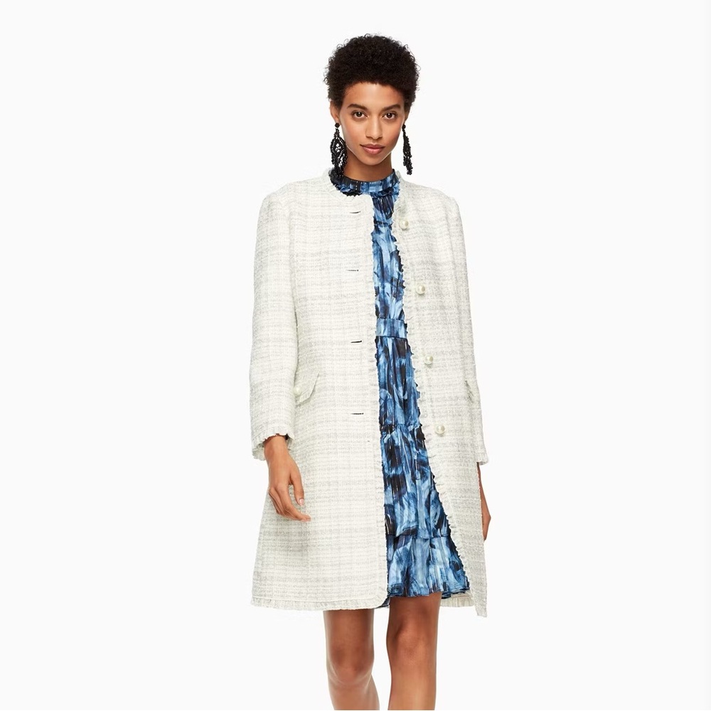 *NWOT* Kate Spade Pearl Effect Button Sparkle Tweed Coat Size US 2 White/Silver